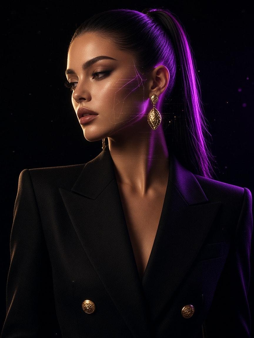 Portrait of a digital AI persona in a black blazer under violet light