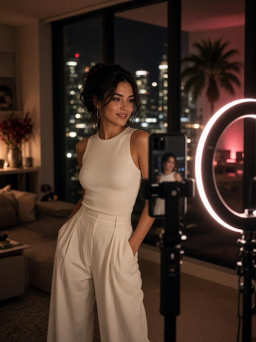 A creator filming herself with a phone and ring light in a city apartment at night